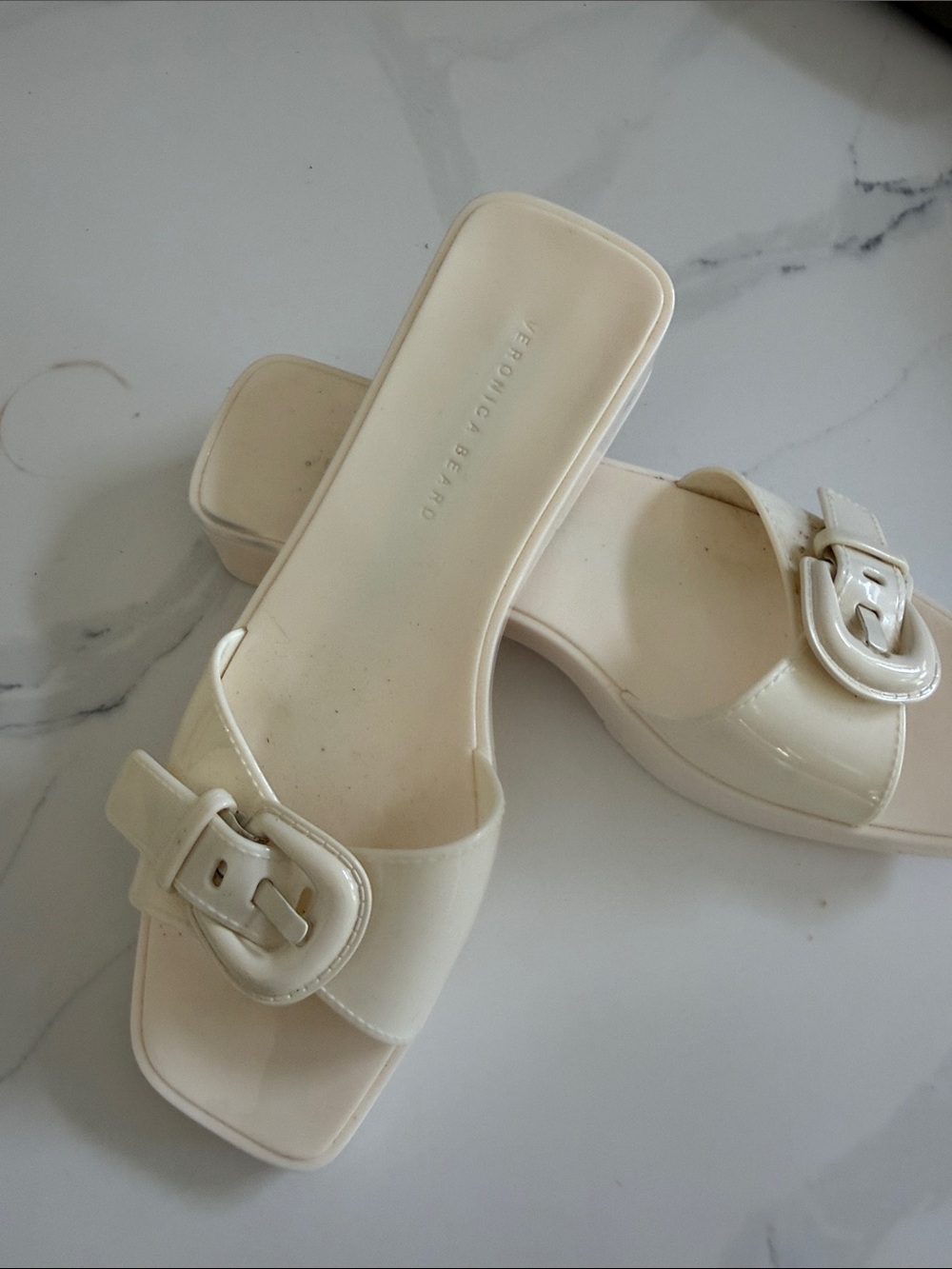 Veronica Beard Cream Buckle Slide Mules